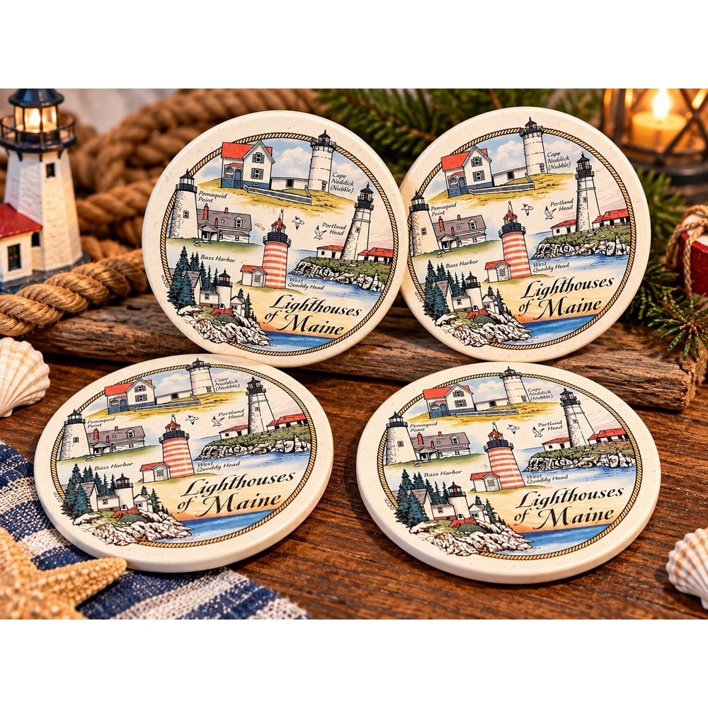 Vintage Lighthouses Of Maine Coaster Set Of Four Lighthouse Souvenir Decor